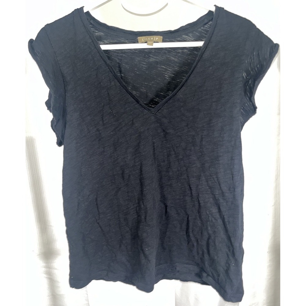 Lilla P Cotton V-Neck Sleeveless Top Black Slub Knit Casual Basic Large